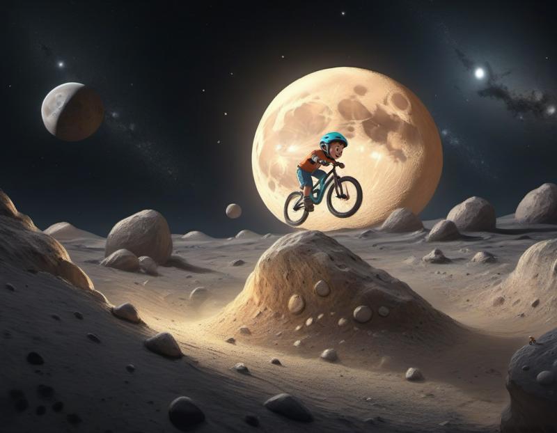 11727-3909529318-a kid is riding a bicycle on the moon, rock surface, barren, dynamic, motion blur, detailed, sub surface scattering, particles,.png